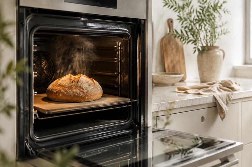Nybagt rustikt brød i en varm ovn med synlig damp omkring skorpen