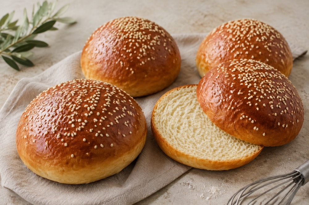 Blanke gyldne brioche-burgerboller med sesam og blød krumme