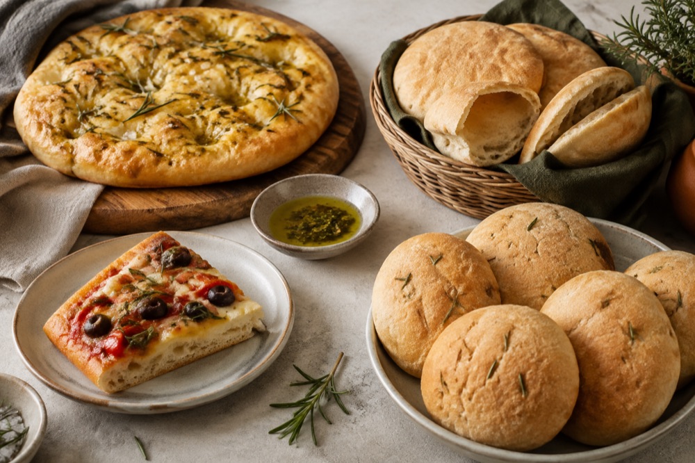 Focaccia, pitabrød, pizza og bløde madboller samlet til et måltid